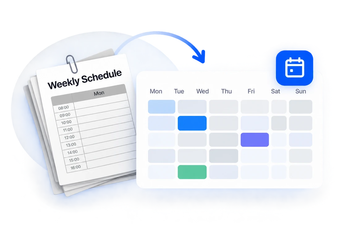A paper weekly schedule turning into a digital calendar