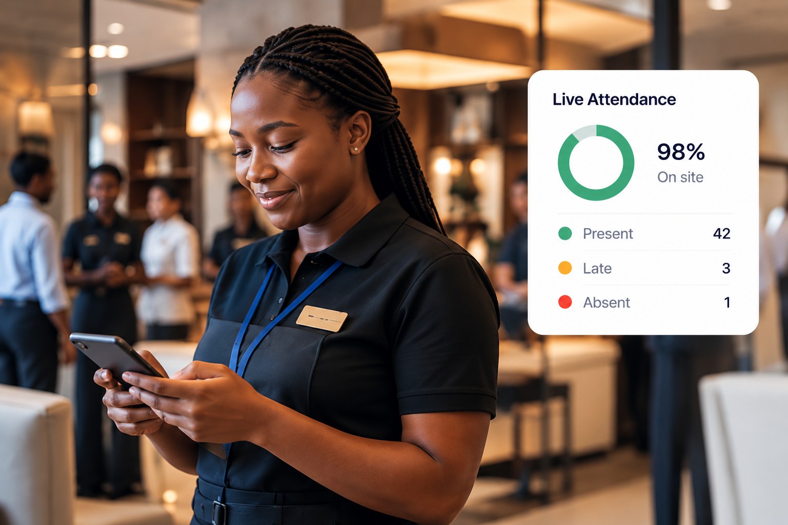 A team member checks her phone at work, with the TravailOS live attendance card showing who is present, late and absent